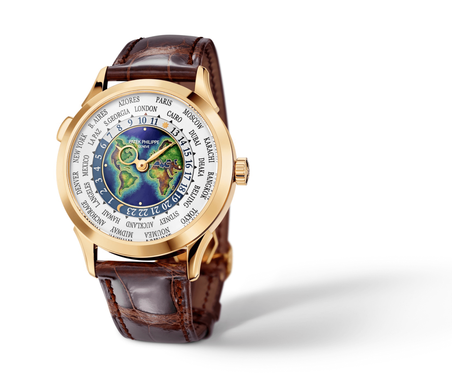 Patek Philippe World Time Ref.5231J với 24 múi giờ mới ra mắt vừa qua. Mặt số được chế tác từ men cloisonné và vỏ bằng vàng.